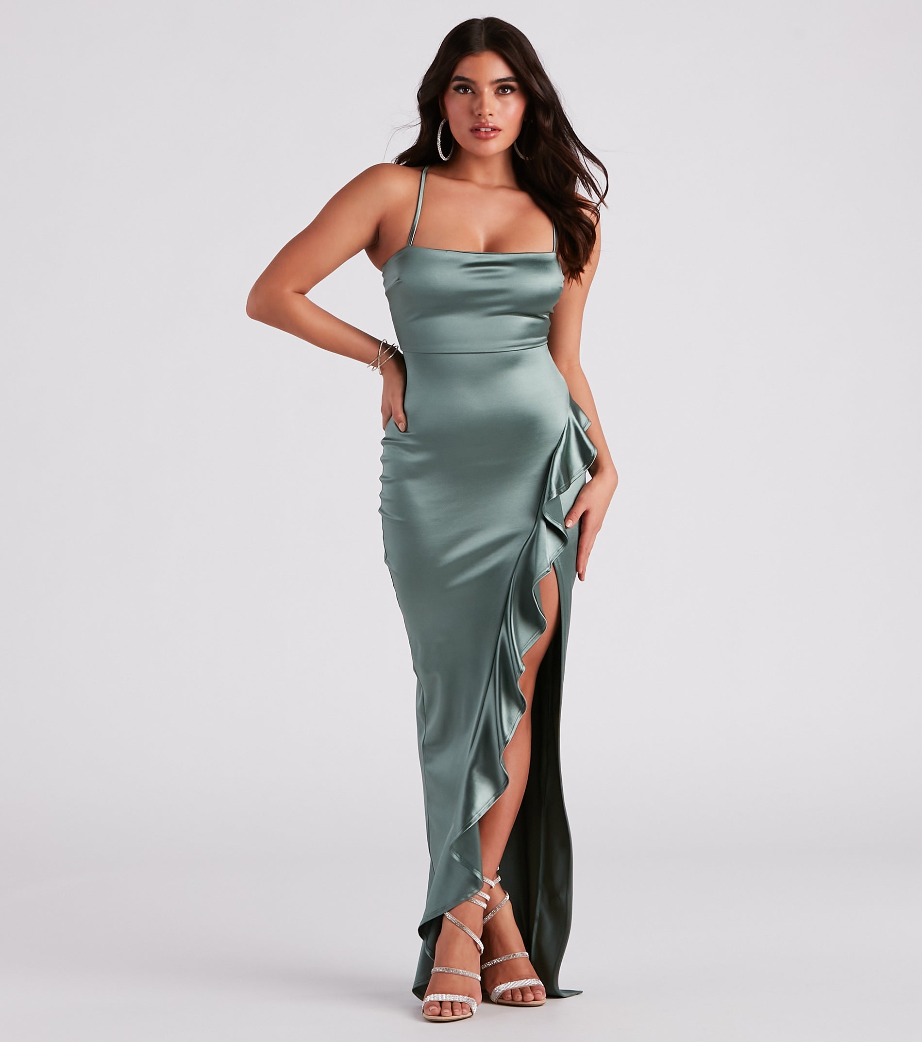 Ruffled Slit Satin Formal Dress